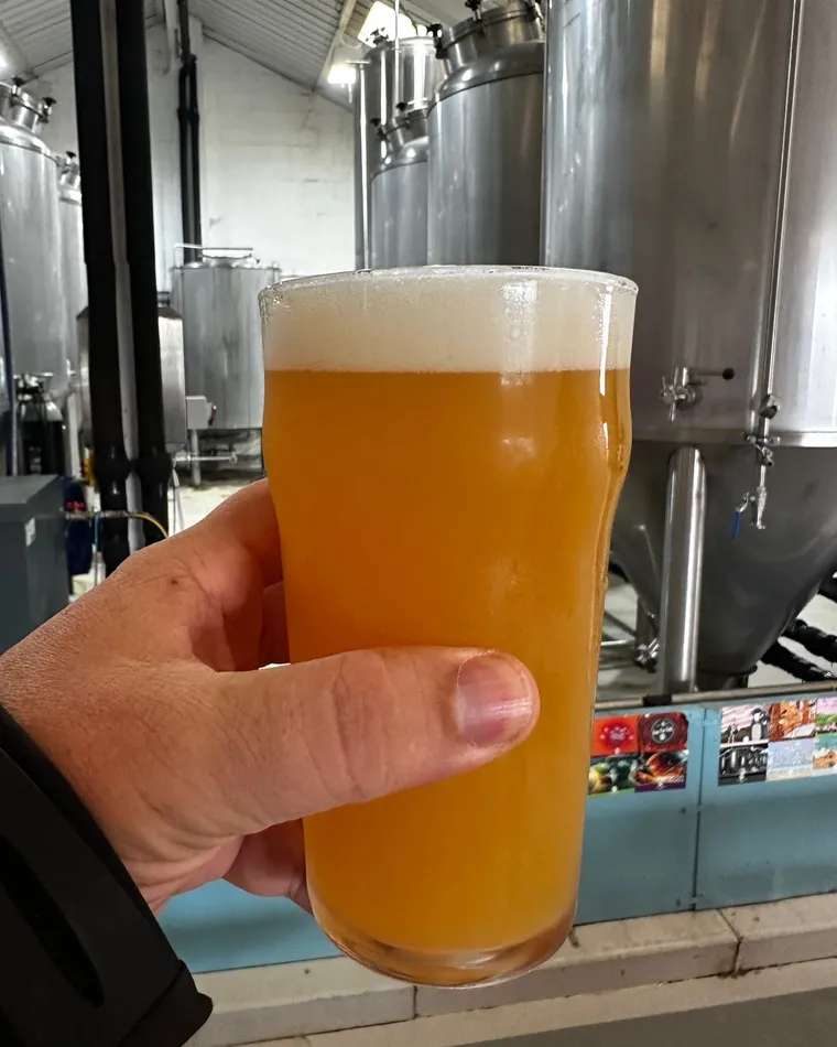 A hazy pale ale held up in a brewery, fermentation tanks behind it